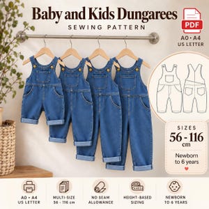 May include: A digital PDF sewing pattern for baby and kids dungarees, featuring four blue denim overalls in varying lengths hanging on wooden hangers. The image includes technical line drawings, size range 56-116 cm, and newborn to 6 years labels.