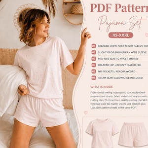 May include: A light pink pajama set with a small star pattern, featuring a relaxed crew-neck short-sleeve top and mid-rise elastic-waist shorts. The PDF pattern includes sizes XS-XXXL, sewing instructions, cutting plans, and A0, A4, and US Letter sheets.
