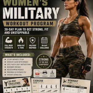 May include: An advertisement for a fitness program titled "WOMEN'S MILITARY WORKOUT PROGRAM." The image shows a woman in camouflage workout clothing, with workout plan examples and a 30-day challenge schedule.