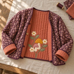Op de afbeelding: Een omkeerbaar doorgestikt jack met een donkerpaarse bloemenprint aan de ene kant en een effen terracotta oranje binnenkant. De oranje kant toont een centrale applicatie van twee paddenstoelen en witte bloemen met groene bladeren.
