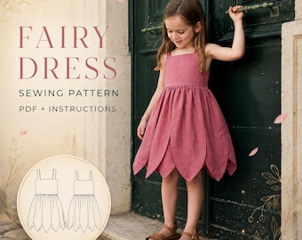 May include: A dusty rose sleeveless dress with a petal-shaped hemline, featuring thin shoulder straps and a fitted bodice. The image includes the text FAIRY DRESS SEWING PATTERN PDF + INSTRUCTIONS and a line drawing of the dress design.