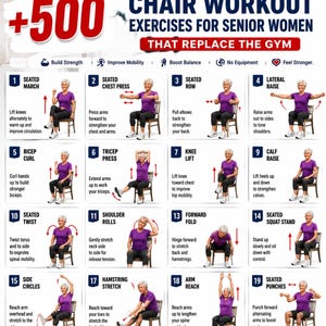 Könnte beinhalten: Eine digitale Übersicht mit dem Titel +500 Chair Workout Exercises for Senior Women That Replace the Gym. Sie zeigt neunzehn nummerierte Anleitungsfelder mit einer Person im violetten Shirt bei verschiedenen Sitzübungen auf einem Holzstuhl.