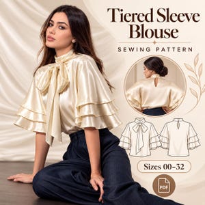 Op de afbeelding: Een crèmekleurige satijnen blouse met gelaagde mouwen en een strik bij de hals. De afbeelding bevat de tekst Tiered Sleeve Blouse Sewing Pattern en Sizes 00-32. Een cirkelvormig inzetstuk toont de achterkant en een technische tekening toont voor- en achterkant.