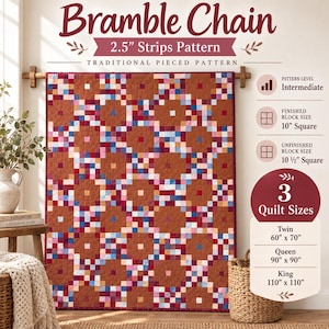 Puede incluir: Un patrón de colcha Bramble Chain con un diseño de tiras de 6,35 cm y una disposición tradicional. La colcha muestra una cuadrícula de grandes cuadrados de color óxido rodeados por cuadrados más pequeños multicolores en tonos rojos, azules y blancos.