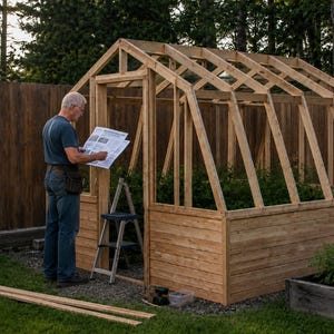 May include: A wooden greenhouse frame under construction featuring a gabled roof structure and horizontal plank walls. A small metal step ladder stands near the entrance, and loose wooden boards lie on the grass in the foreground.