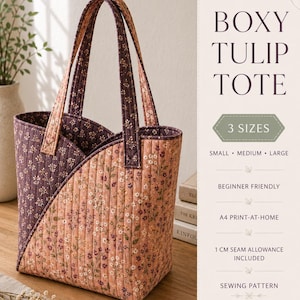 May include: A quilted tote bag featuring a two-tone floral pattern in shades of dark purple and peach. The bag has two vertical handles and a curved top opening. Text on the right reads: BOXY TULIP TOTE, 3 SIZES, SMALL, MEDIUM, LARGE, BEGINNER FRIENDLY, A4 PRINT-AT-HOME, 1 CM SEAM ALLOWANCE INCLUDED, SEWING PATTERN, INSTANT DOWNLOAD.