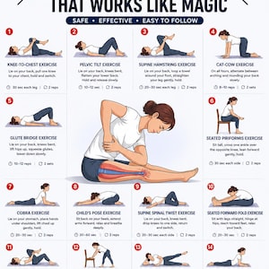 May include: An instructional chart titled THE ONE SCIATICA EXERCISES THAT WORKS LIKE MAGIC, featuring 14 numbered illustrations of physical therapy movements. Each exercise includes a descriptive title, step-by-step instructions, and repetition counts.