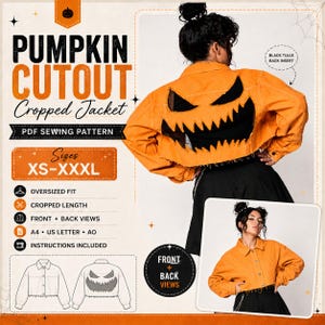 May include: A PDF sewing pattern for an orange cropped jacket featuring a pumpkin face cutout on the back with black tulle insert. The pattern includes sizes XS-XXXL, oversized fit, front and back views, and instructions for A4, US letter, and AO formats.