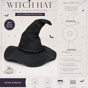May include: A black witch hat sewing pattern and instructions featuring a black hat with a green band. The text includes WITCH HAT, SEWING PATTERN & INSTRUCTIONS, HALLOWEEN WITCH HAT, DIY SEWING PROJECT, Classic Witch Hat, and INSTANT DOWNLOAD.