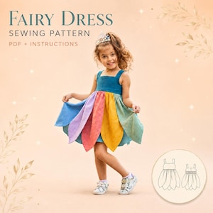 Puede incluir: Un patrón de costura para un vestido de hada con PDF e instrucciones. El vestido presenta un corpiño verde azulado y una falda hecha de paneles superpuestos en forma de pétalo en azul, lavanda, rosa, amarillo y verde. Incluye un dibujo.