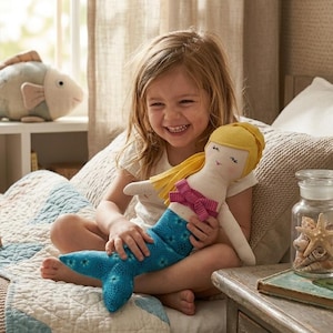 May include: A plush mermaid doll with yellow yarn hair, a cream-colored torso, a pink fabric bow at the chest, and a blue patterned tail with a floral design. The doll features embroidered facial details including eyes and a small pink mouth.
