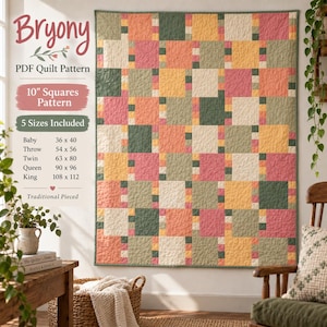 May include: A quilt featuring a grid of 10-inch squares in shades of sage green, mustard yellow, and dusty rose, with small accent squares between them. Text reads Bryony PDF Quilt Pattern, 10" Squares Pattern, and lists five sizes from 36x40 to 108x112.