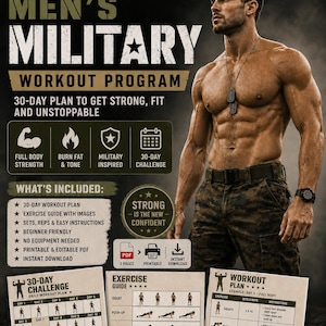 May include: A digital workout programme titled Men's Military Workout Programme featuring a 30-day plan, exercise guide with images, sets, reps, and instructions. The document includes a 30-day challenge calendar and a full-body workout plan in PDF format.