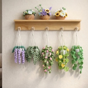 Pode incluir: Uma coleção de plantas e flores de crochê feitas à mão. Três pequenas cestas tecidas com flores de crochê estão em uma prateleira de madeira. Abaixo, cinco plantas suspensas de crochê em vários estilos estão penduradas na parede.