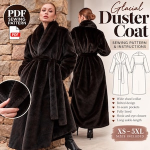 May include: A PDF sewing pattern for a dark brown faux fur duster coat featuring a wide shawl collar, a belted waist, in-seam pockets, a hook-and-eye closure, and a long ankle-length design. The pattern includes sizes ranging from XS to 5XL.