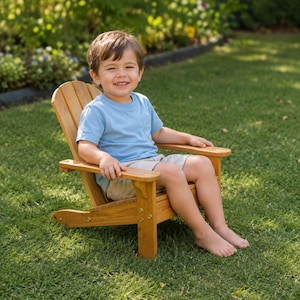 Könnte beinhalten: Ein kleiner, hellbrauner Adirondack-Stuhl aus Holz mit einer Rückenlehne aus Latten, breiten Armlehnen und einer niedrigen Sitzfläche. Der Stuhl ist mit sichtbaren Metallschrauben an den Verbindungen konstruiert und hat eine natürliche Holzmaserung.