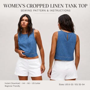 Tank Top Sewing Pattern, Women's Woven Linen Summer Cropped Top | US 0-22 | A4 A0 US Letter (PDF Download)