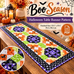 Könnte beinhalten: Ein gestepptes Halloween-Tischläufer-Schnittmuster mit geometrischem Design in Orange, Limettengrün, Lila und Schwarz mit Spinnennetz- und Geistermotiven. Die fertige Größe beträgt 39,4 cm x 90,2 cm. Der Text lautet Boo Season Halloween Table Runner Pattern.