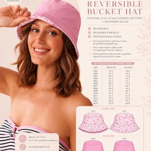 May include: A sewing pattern for a reversible bucket hat titled Meadow Reversible Bucket Hat. The document includes a beginner guide, 14 graded sizes from 14.0 to 24.8 inches, and illustrations showing a solid pink side and a floral patterned side.