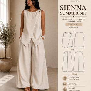 以下が含まれることがあります： Sienna Summer SetのPDFデジタル縫製パターン。アシンメトリーなノースリーブトップスとワイドなパラッツォパンツが含まれています。セットはライトベージュの生地で示されており、トップスとパンツの技術的な線画が添えられています。