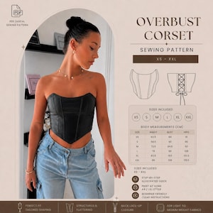 May include: A digital sewing pattern for an overbust corset, featuring a black strapless corset top with a pointed hem. The image includes a technical line drawing of the corset, a size chart with measurements in cm, and text indicating sizes XS to XXL.