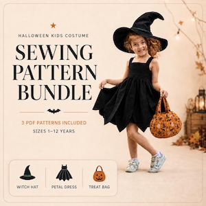 May include: A sewing pattern bundle for a Halloween kids costume featuring a black witch hat, a black petal dress, and an orange pumpkin treat bag. The text reads HALLOWEEN KIDS COSTUME SEWING PATTERN BUNDLE, 3 PDF PATTERNS INCLUDED, SIZES 1-12 YEARS.