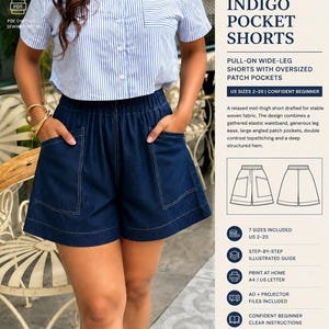 Wide Leg Shorts Sewing Pattern PDF, High Waist Women’s Stylish Pull-On Shorts with Oversized Patch Pockets, US Sizes 2–20