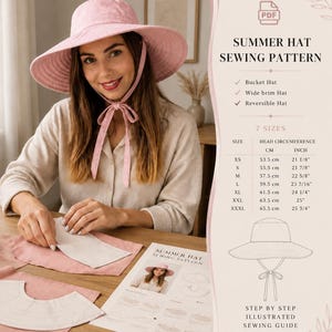 May include: A digital sewing pattern for a summer hat, featuring a wide-brimmed pink bucket hat with chin ties. The document includes a size chart with head circumferences from 21 1/8 to 25 3/4 inches, a line drawing of the hat, and instructions.