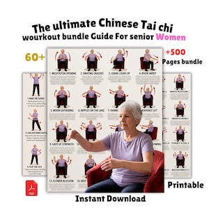 Puede incluir: Una guía imprimible para mujeres mayores con rutinas de ejercicios de Tai Chi Chino. La guía incluye más de 60 ejercicios, con ilustraciones e instrucciones. El texto dice "The ultimate Chinese Tai chi workout bundle Guide For senior Women".