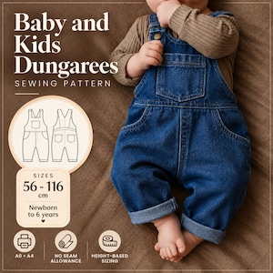 以下が含まれることがあります： Baby and Kids Dungarees SEWING PATTERN, SIZES 56-116 cm, Newborn to 6 years, A0 A4, NO SEAM ALLOWANCE, HEIGHT-BASED SIZINGというテキストが記載されたベビー・キッズ用オーバーオールの型紙と、濃い青色のデニム製オーバーオール。
