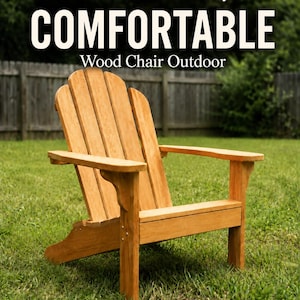May include: A light brown wooden Adirondack chair with a curved backrest and wide armrests. The text "How to make this easy COMFORTABLE Wood Chair Outdoor" is displayed in white and black lettering above the chair in the image.