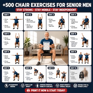 May include: A fitness chart titled +500 CHAIR EXERCISES FOR SENIOR MEN featuring a central image of a person holding a guide, surrounded by 14 daily exercise routines with illustrations of movements performed on a chair, including text instructions.