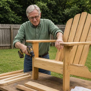 Puede incluir: Una silla Adirondack de madera clara en proceso de montaje, con un respaldo curvo y reposabrazos anchos. Varios componentes de madera sin ensamblar, un taladro amarillo y negro y una cinta métrica se encuentran sobre la mesa.