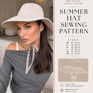 May include: A PDF digital sewing pattern for a wide-brimmed summer hat with a chin tie. The document includes sizing from XS (51-52 cm) to 2XL (61-62 cm), a line drawing of the hat, and instructions for a step-by-step illustrated sewing guide.