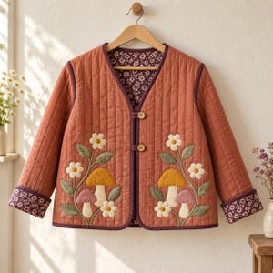 Quilted Reversible Jacket Sewing Pattern, Woodland Mushroom Appliqué (PDF)