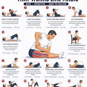 Könnte beinhalten: Eine Anleitungstafel mit dem Titel THE ONE SCIATICA EXERCISES THAT WORKS LIKE MAGIC, die 14 nummerierte Illustrationen einer Person in weißem T-Shirt und dunkler Shorts zeigt, die verschiedene Dehnübungen mit Anweisungen und Zeitangaben ausführt.
