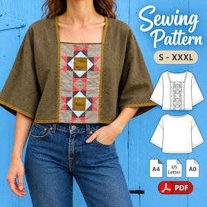 May include: A sewing pattern for a boxy olive green top with a square neckline and a central panel featuring a geometric star quilt design in shades of brown, gray, and red. Includes text: Sewing Pattern, S - XXXL, A4, US Letter, A0, PDF.