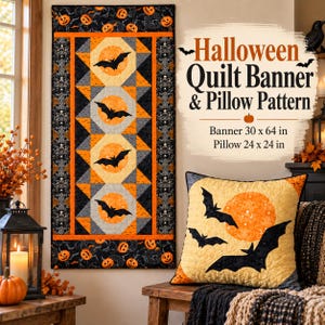 May include: A vertical Halloween quilt banner and a square pillow featuring black bat silhouettes against orange moon backgrounds. The banner measures 76 x 163 cm and the pillow measures 61 x 61 cm. The fabric includes pumpkin and skull motifs.