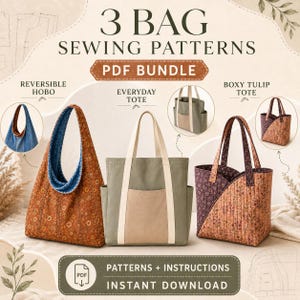 Puede incluir: Un paquete digital de 3 patrones de costura para bolsos que incluye un bolso hobo reversible con estampado floral, un bolso de diario con paneles oliva y beige, y un bolso tipo tulipán cuadrado con tela floral acolchada. Incluye patrones e instrucciones PDF.