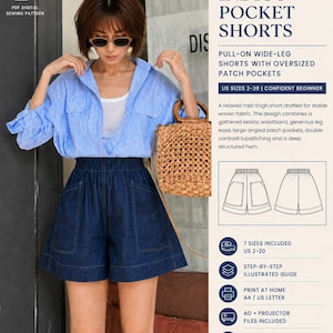 High Waist Wide Leg Shorts Sewing Pattern PDF, Women’s Stylish Pull-On Shorts with Oversized Patch Pockets, US Sizes 2–20