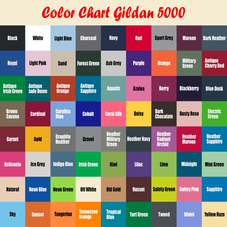 以下が含まれることがあります： Gildan 5000 Tシャツのカラーチャートで、80個の異なる色の正方形のグリッドが表示されています。各正方形には、黒または白のテキストで色名が記載されており、ブラック、ホワイト、ネイビー、レッド、フォレストグリーン、その他様々なヘザーカラーの選択肢が含まれています。