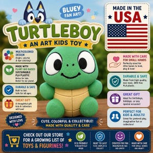 May include: A green and tan turtle figurine with large white eyes and black pupils. The toy is surrounded by informational text including 'TURTLEBOY', 'MADE IN THE USA', and various icons highlighting features like plant-based plastic and durability.