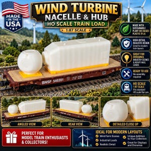 May include: An HO scale 1:87 model train load featuring a white wind turbine nacelle and hub on a brown BNSF flatcar. The model includes text labels such as Wind Turbine Nacelle & Hub and 1:87 Scale, presented with multiple views.