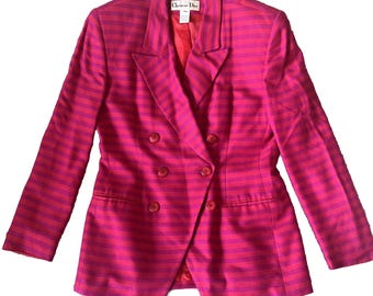 Vintage 90-tals Christian Dior rosa randig kostymset (storlek 10) jacka och kjol retro