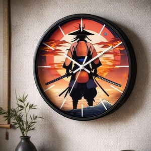 Samurai Sunset Wandklok | Silhouet van een Japanse krijger met achtergrond van de berg Fuji