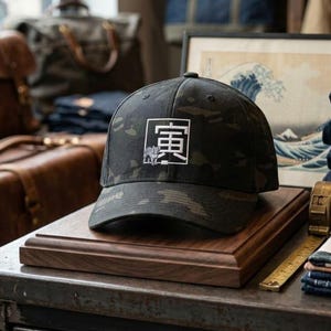 May include: A black camouflage baseball cap with a white square patch featuring Japanese characters and a graphic. The cap is displayed on a wooden stand. The hat has a curved brim and a button on top.