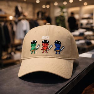 May include: Tan baseball cap with the word "ONI" above three cartoon oni figures. The oni are green, red, and blue, each holding a spiked club. The cap has a curved brim and a button on top.
