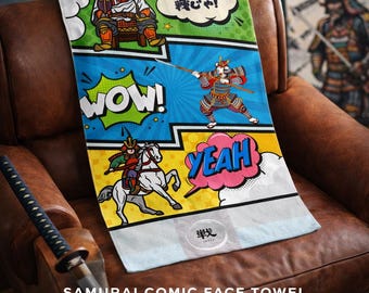 Toalla de mano con diseño pop art de cómic samurái y logo en kanji | WOW YEAH Diseño de guerrero japonés