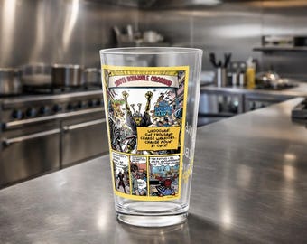 Bicchiere da birra da 473 ml (16 oz) con la vivace striscia a fumetti "Samurai's Vibrant Shibuya Quest"