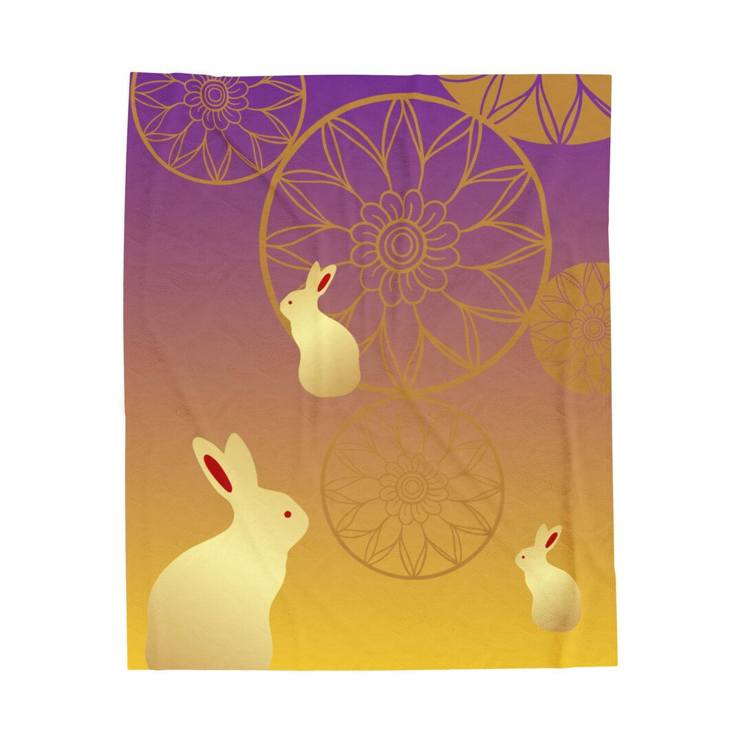 Gold Rabbit With Japanese Gold Pattern Velveteen Plush Blanket | Lunar ...
